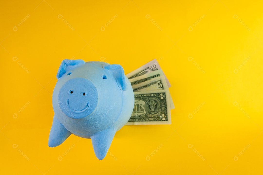 Porco com moedas brasileiras isoladas em fundo amarelo