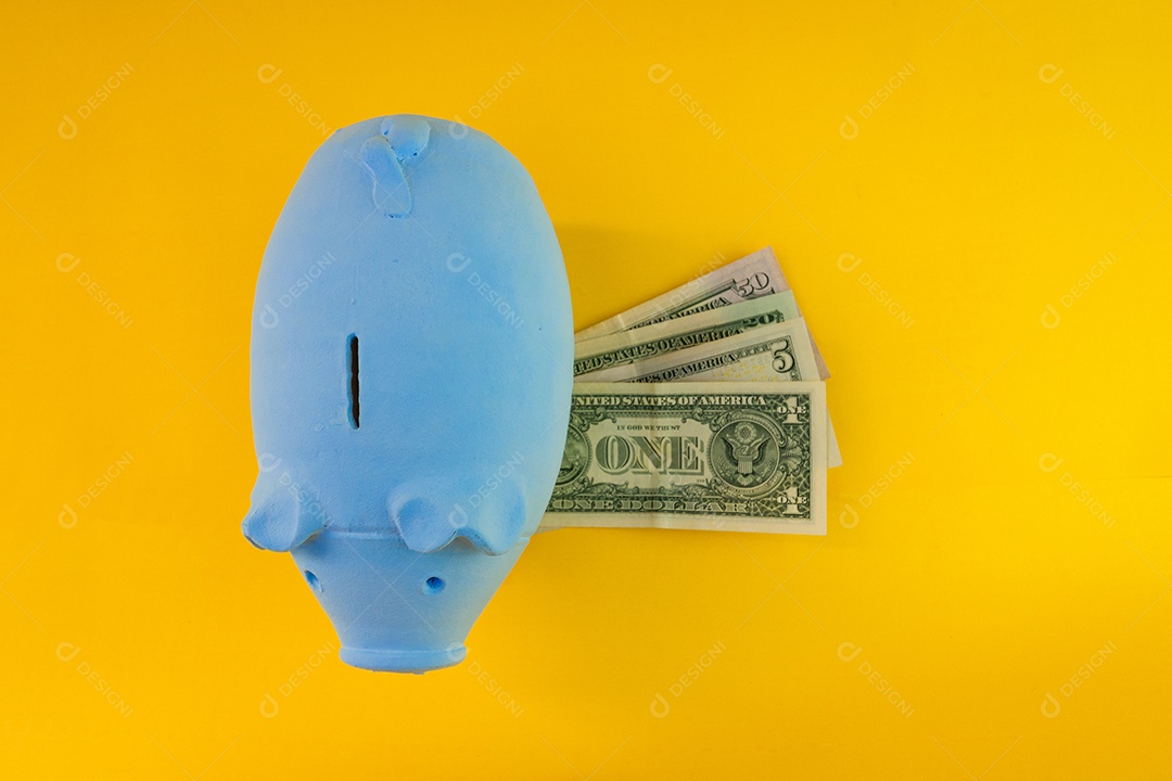 Porco com moedas brasileiras isoladas em fundo amarelo