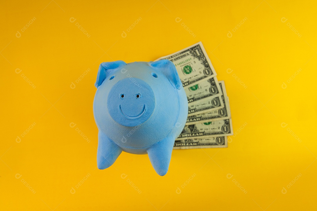 Porco com moedas brasileiras isoladas em fundo amarelo