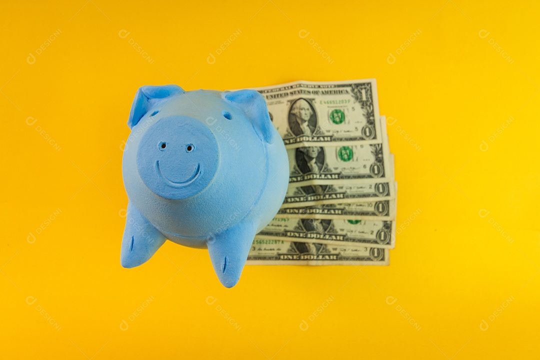 Porco com moedas brasileiras isoladas em fundo amarelo