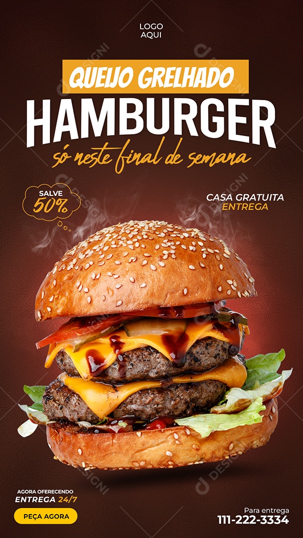 Story Queijo Grelhado Hamburger 50% de Desconto Hamburgueria Social Media PSD Editável