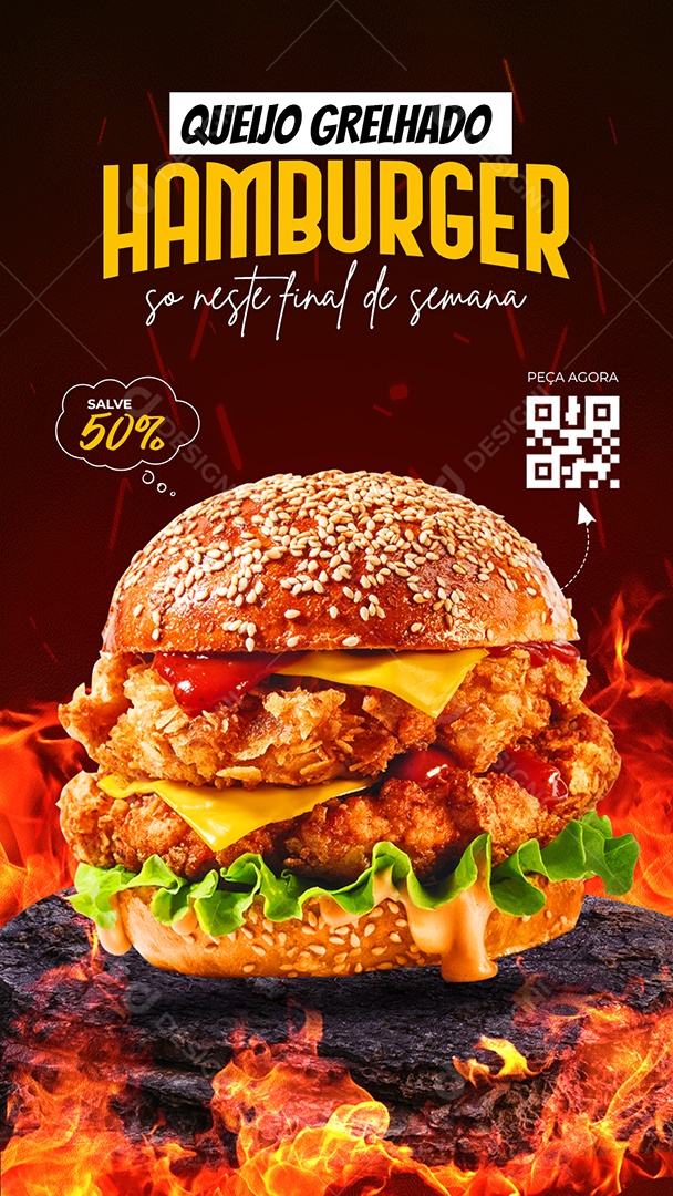 Story Queijo Grelhado Hamburger 50% Desconto Hamburgueria Social Media PSD Editável