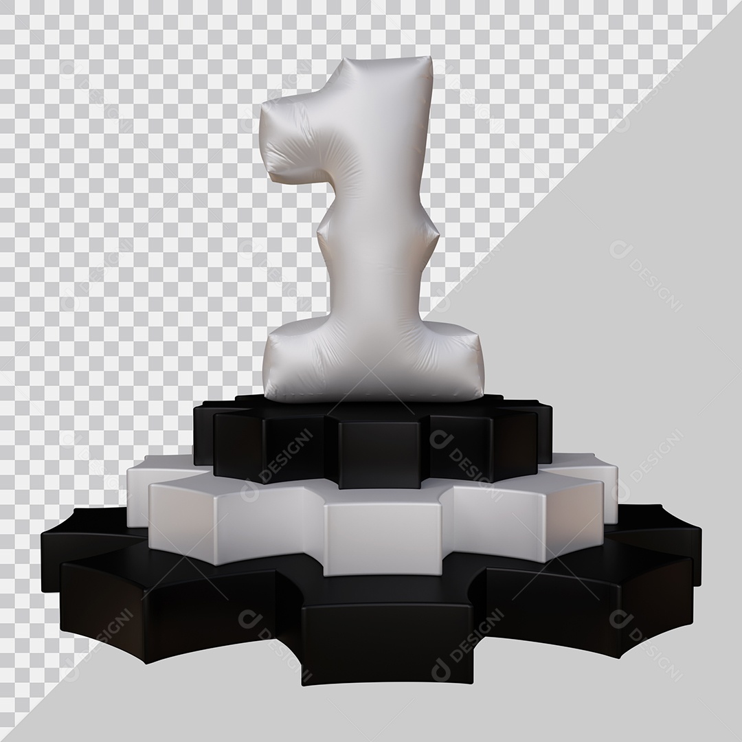 Número 3D 1 Prata em Pódio Elemento Para Composição PSD