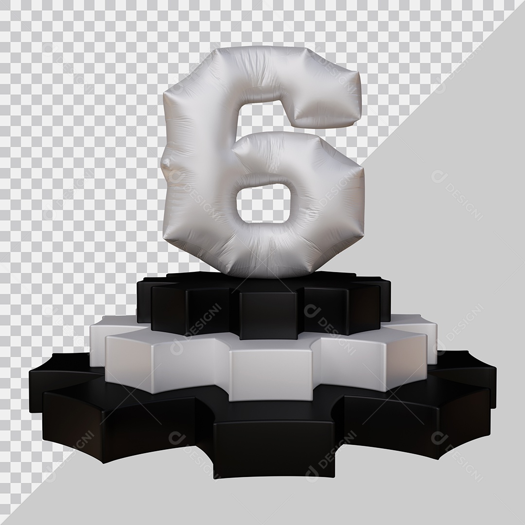 Número 3D 6 Prata em Pódio Elemento Para Composição PSD