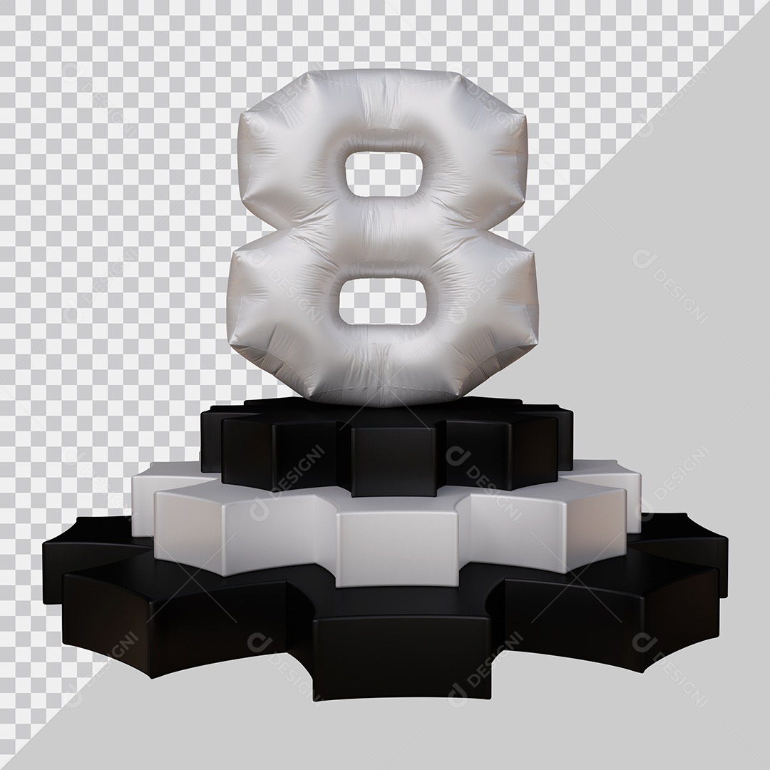 Número 3D 8 Prata em Pódio Elemento Para Composição PSD