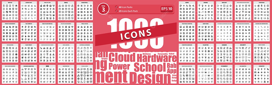 Pack de 1000 Ícones ecommerce, marketing e publicidade, turismo Vetores EPS