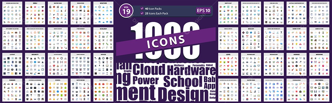 Conjunto de 1000 Ícones Parque Aquático, Negócios e Educação Vetores EPS Editável