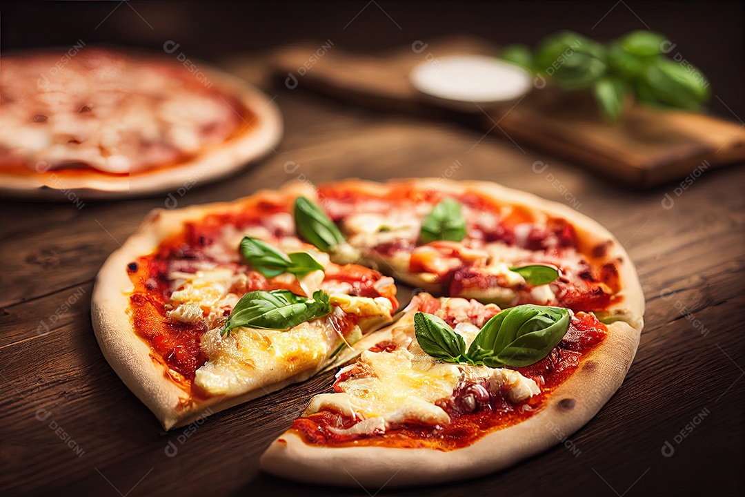 Pizza de quatro queijos com ingredientes culinários na mesa de madeira rústica