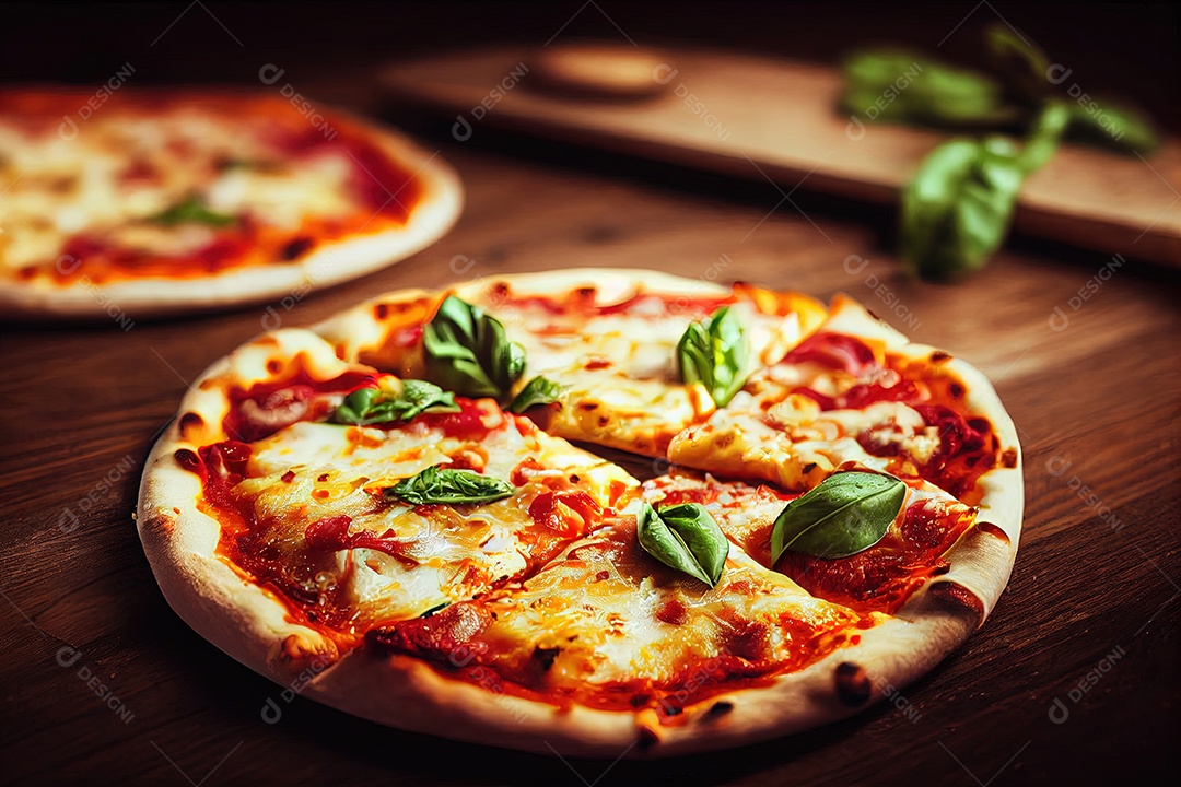 Pizza de quatro queijos com ingredientes culinários na mesa de madeira rústica