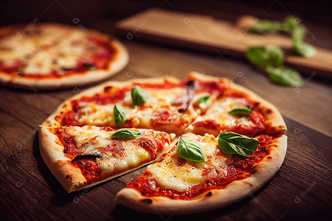 Pizza de quatro queijos com ingredientes culinários na mesa de madeira rústica