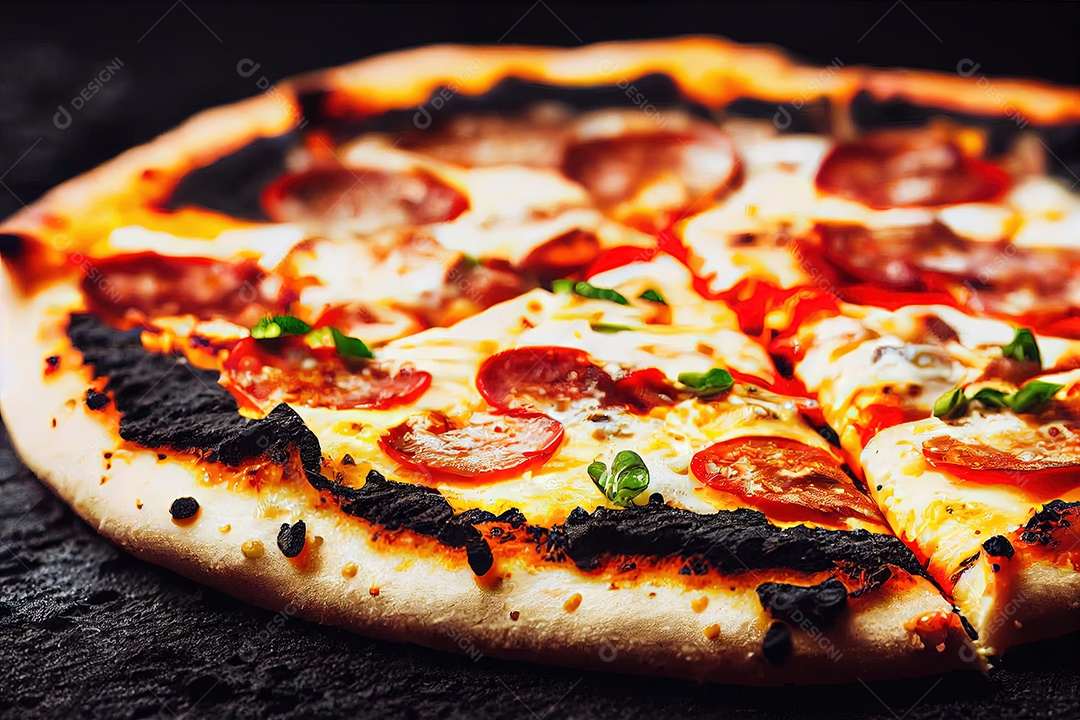 Pizza de quatro queijos com ingredientes culinários na mesa de madeira rústica