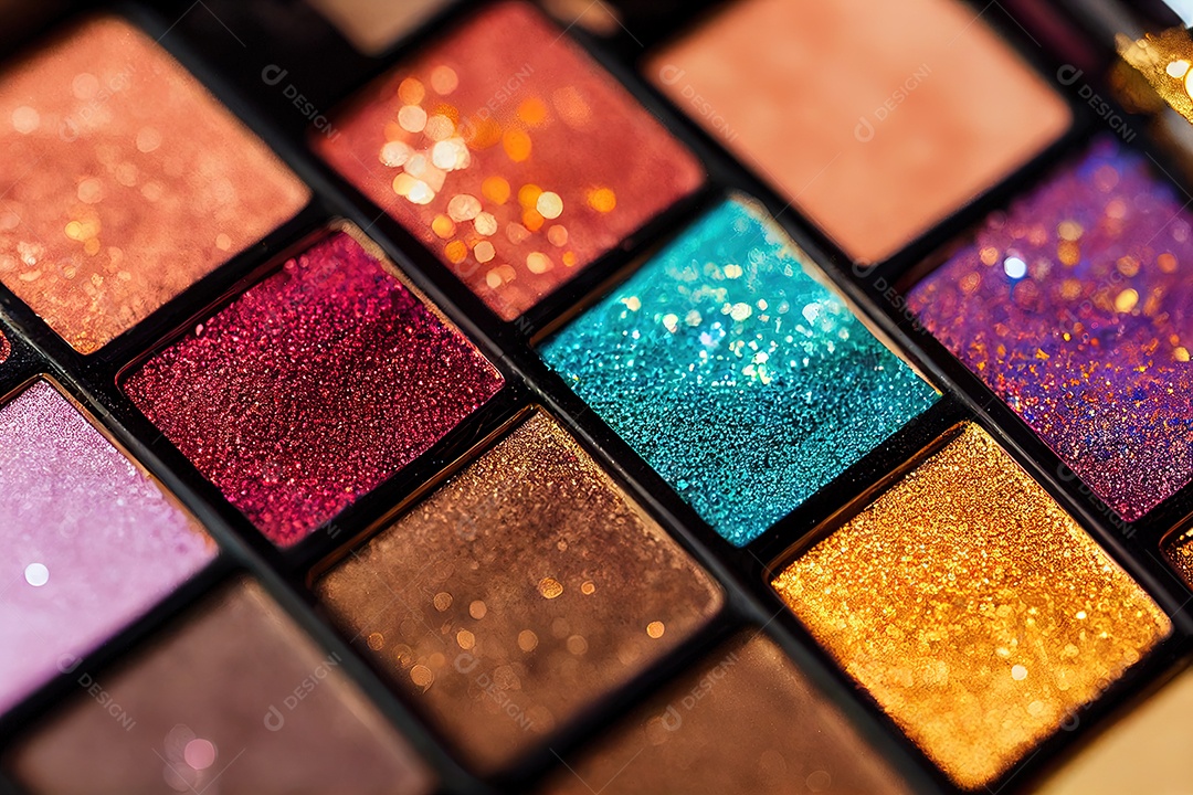 Imagem detalhada da paleta de maquiagem, muitas cores e glitter