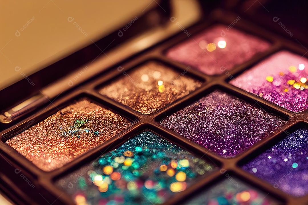 Imagem detalhada da paleta de maquiagem, muitas cores e glitter