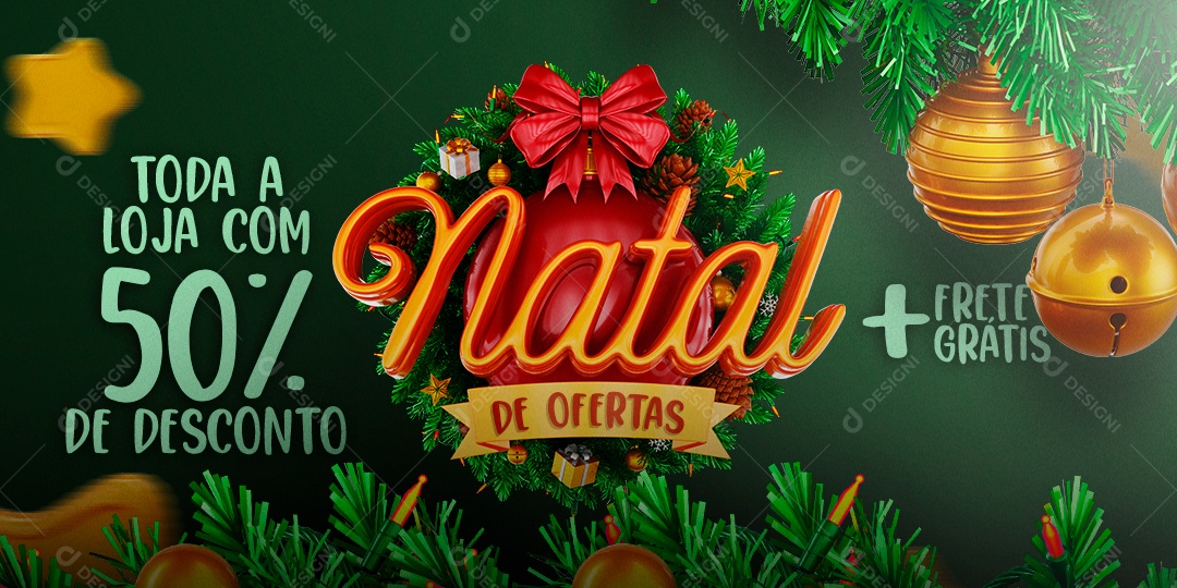 Social Media Banner Natal de Ofertas Toda Loja Com 50% de Desconto PSD Editável