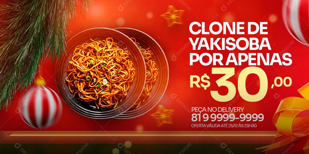 Banner Clone de Yakisoba por Apenas 30,00 Comida Japonesa Feliz Natal Social Media PSD Editável