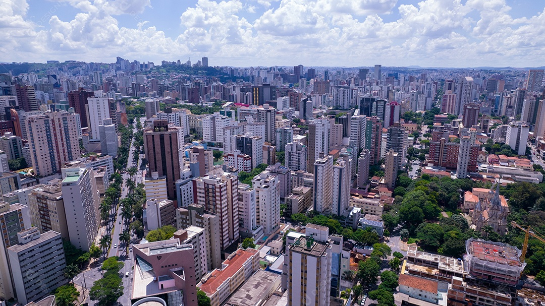 Vista aérea do Parque Américo Renné Giannetti, Belo Horizonte, Minas Gerais, Brasil. Centro da cidade