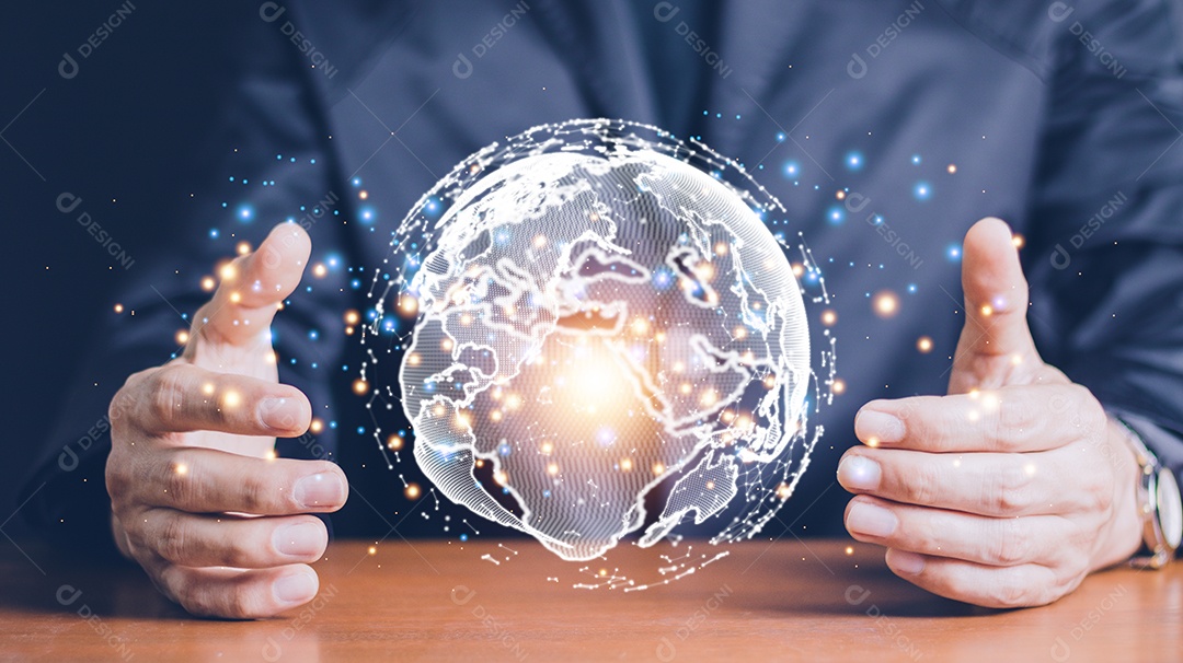 Empresário segurando a conexão de rede global. Análise de big data e conceito de inteligência de negócios.