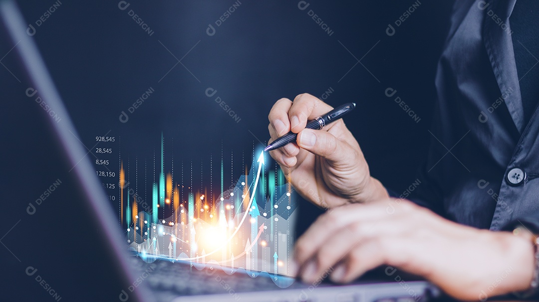 Planejamento analisar indicador e estratégia de compra e venda, mercado de ações, crescimento dos negócios, progresso ou conceito de sucesso.