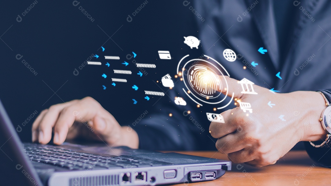 Processamento digital futurista de scanner de impressão digital de identificação biométrica para acessar dados financeiros pessoais.