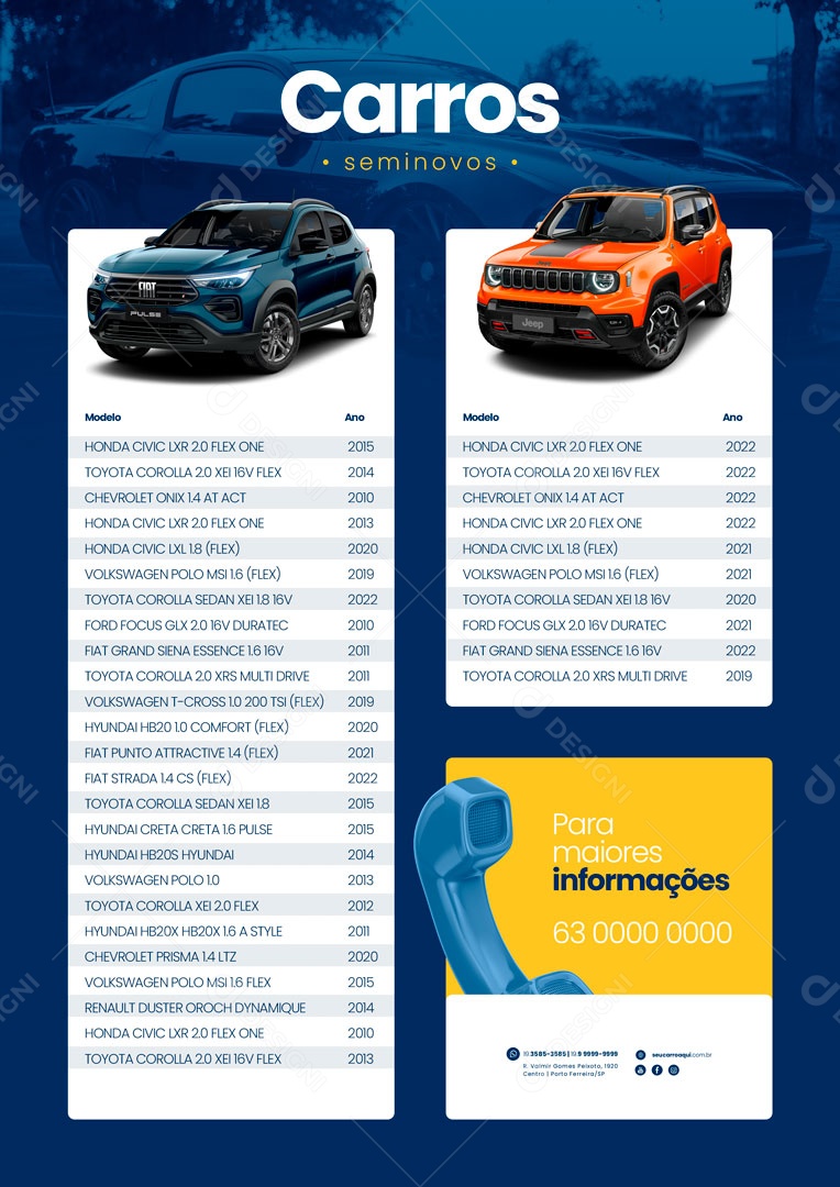 Cartela de Seminovos Concessionária PSD Editável