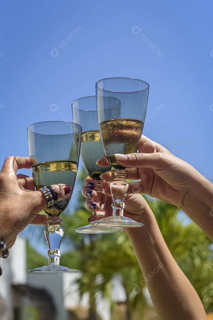 Mãos brindando com taças de vinho no verão.