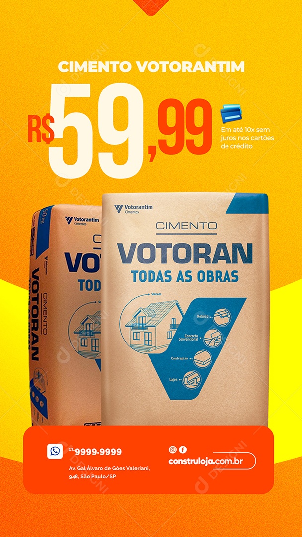 Story Cimento Votorantim em Até 10x Sem Juros Materiais De Construção Social Media PSD Editável