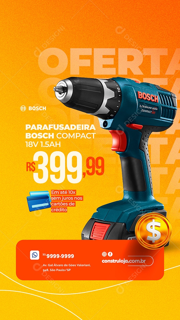 Story Oferta Parafusadeira Bosch 399,99 Materiais De Construção Social Media PSD Editável