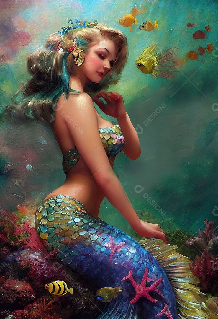 Linda fada sereia sobre o oceano