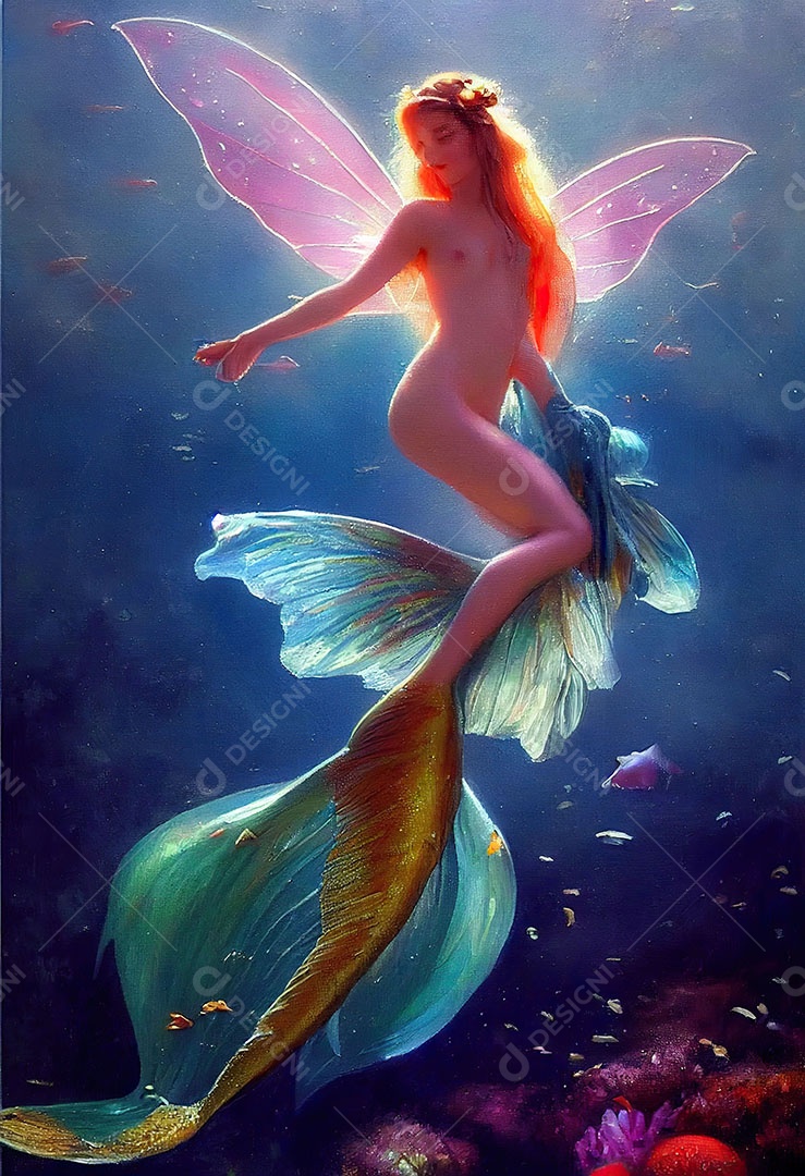 Linda fada sereia sobre o oceano