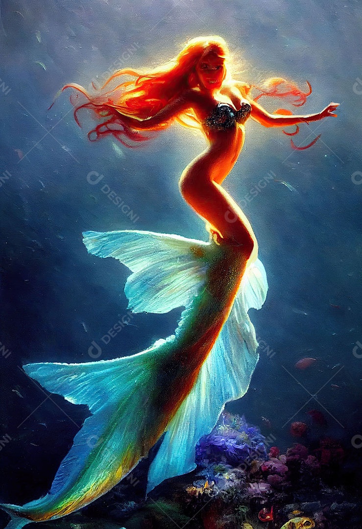 Linda fada sereia sobre o oceano