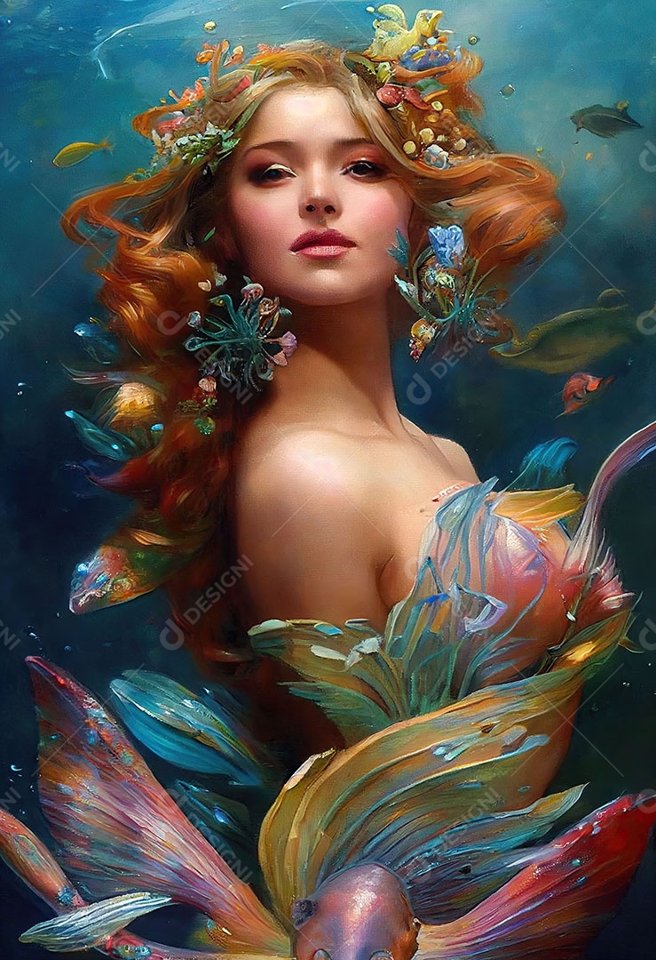 Linda fada sereia sobre o oceano