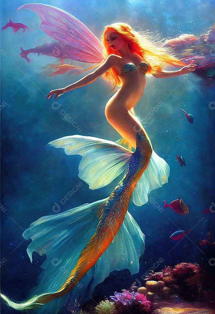 Linda fada sereia sobre o oceano