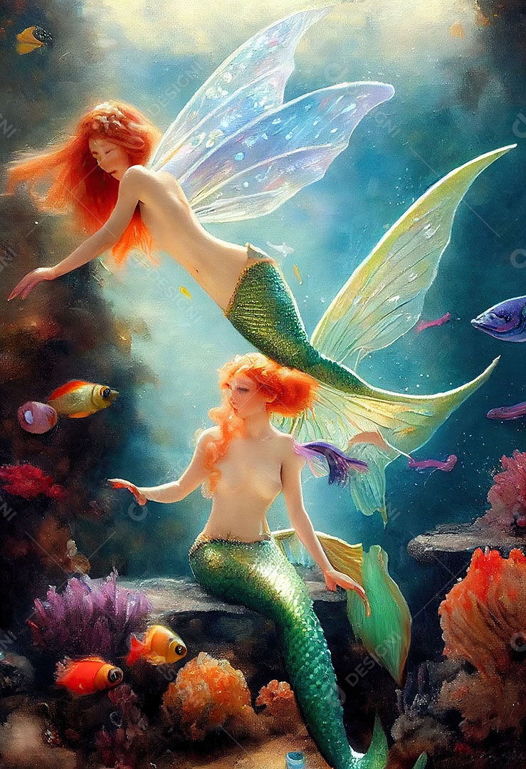 Linda fada sereia sobre o oceano