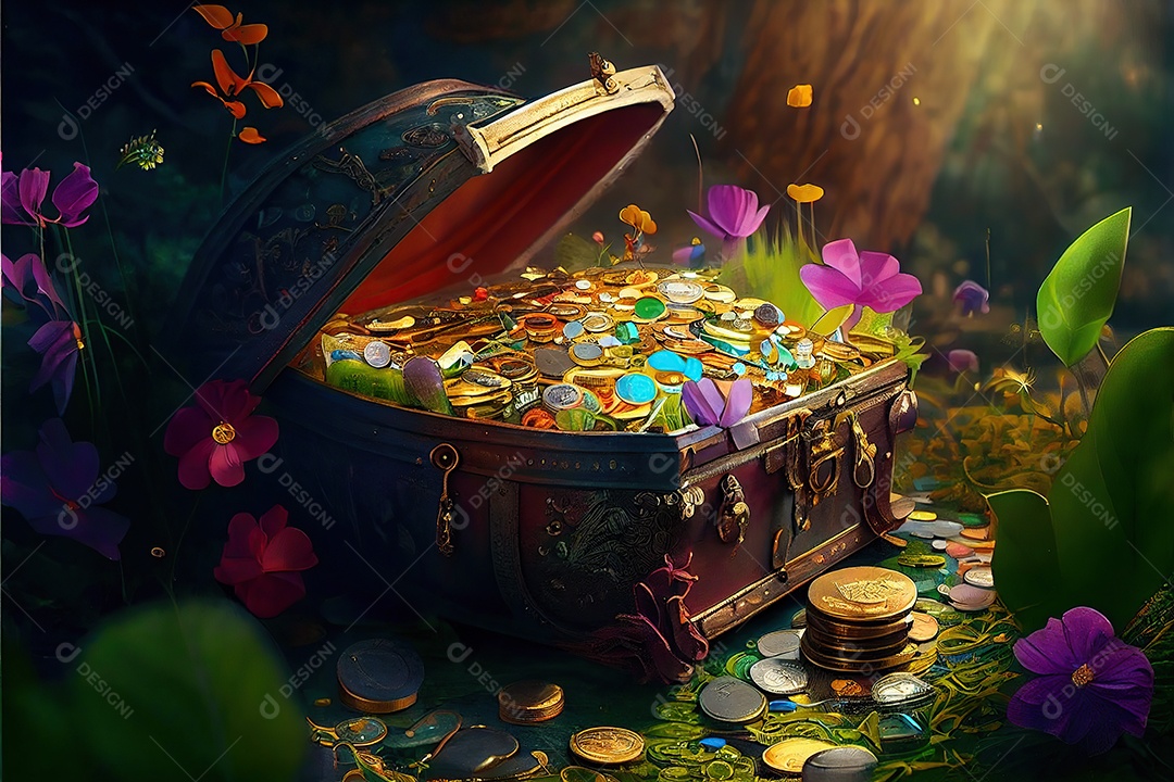 Adorável baú de duende cheio de moedas de ouro