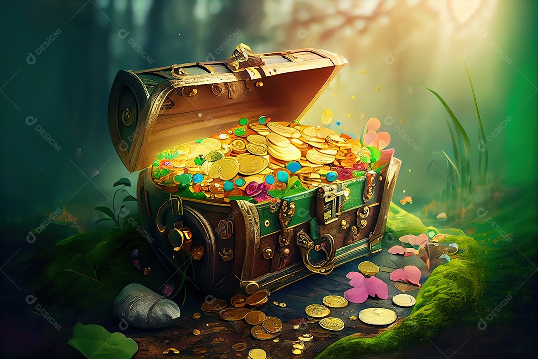 Adorável baú de duende cheio de moedas de ouro