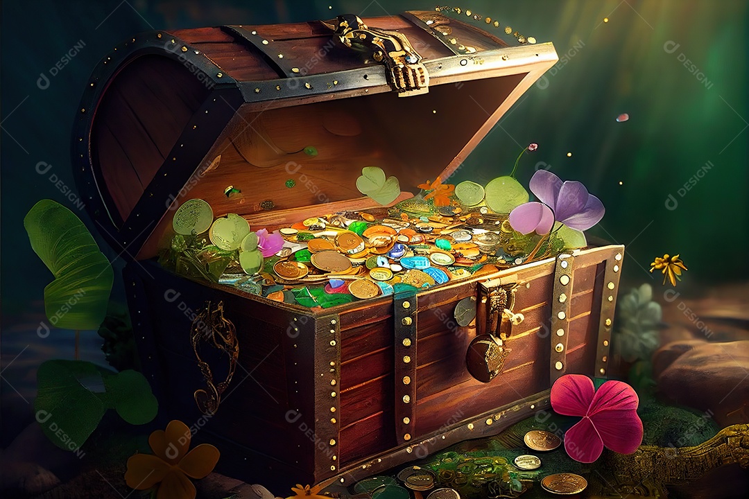 Adorável baú de duende cheio de moedas de ouro