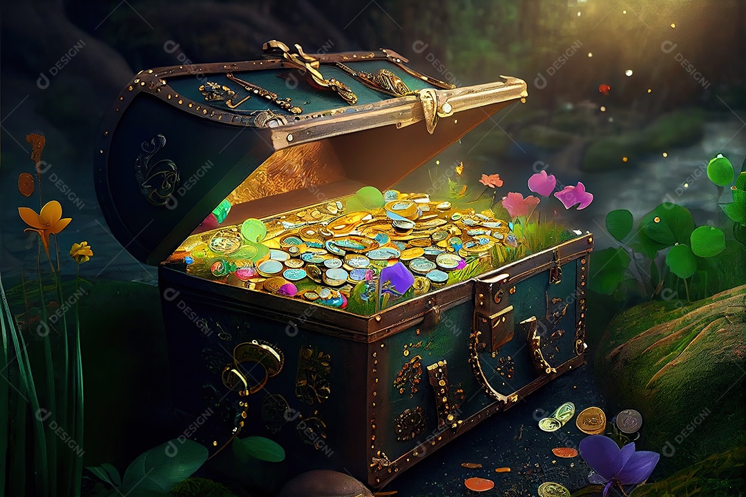 Adorável baú de duende cheio de moedas de ouro