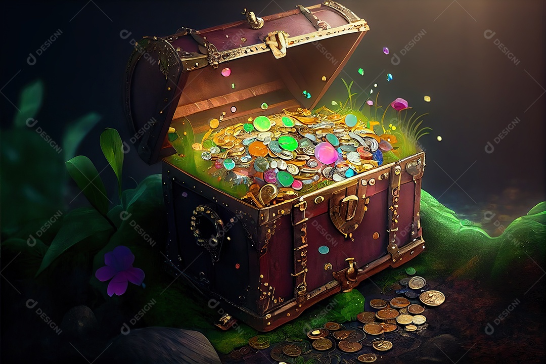 Adorável baú de duende cheio de moedas de ouro