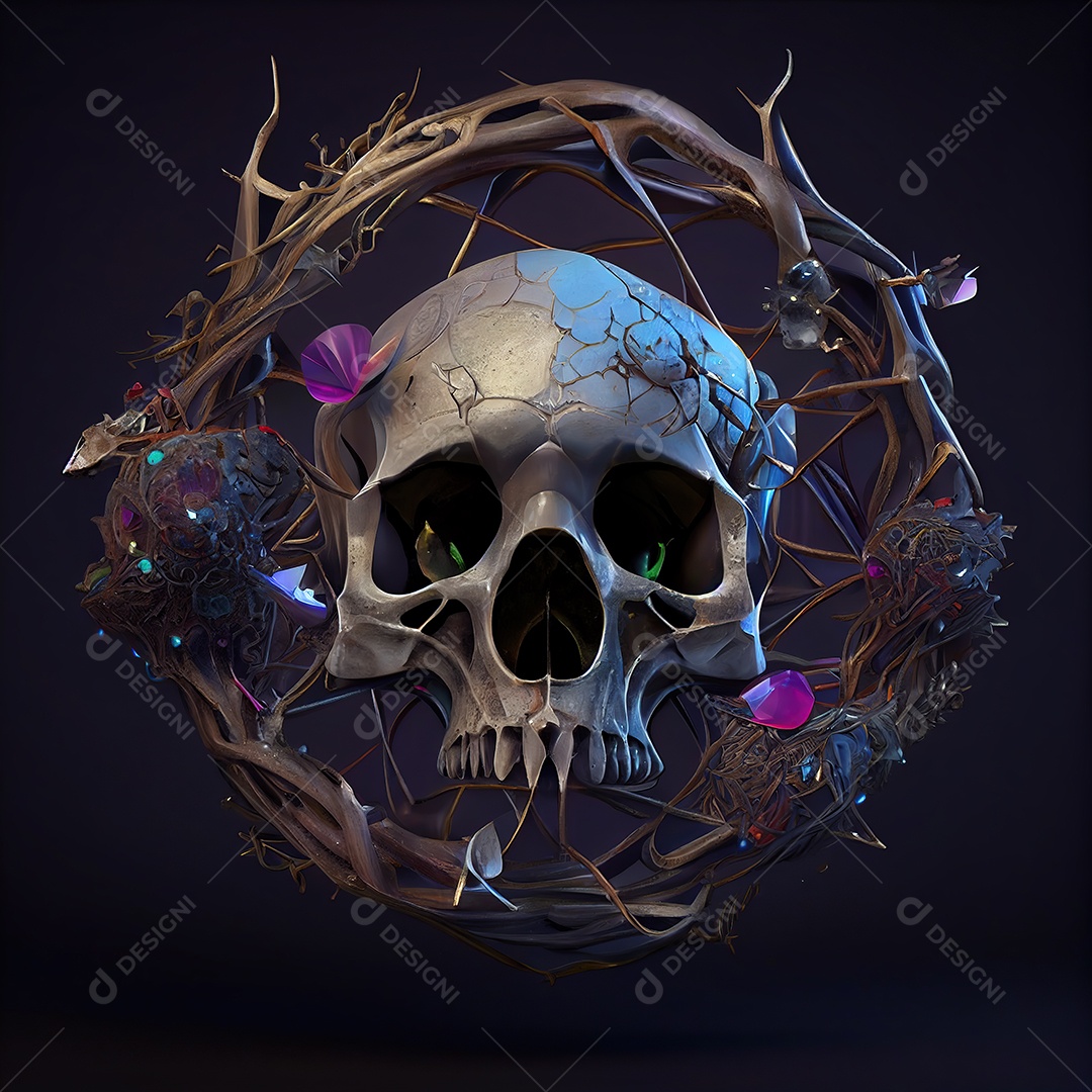 Crânio de pedras preciosas cercado por um coração de raízes entrelaçadas