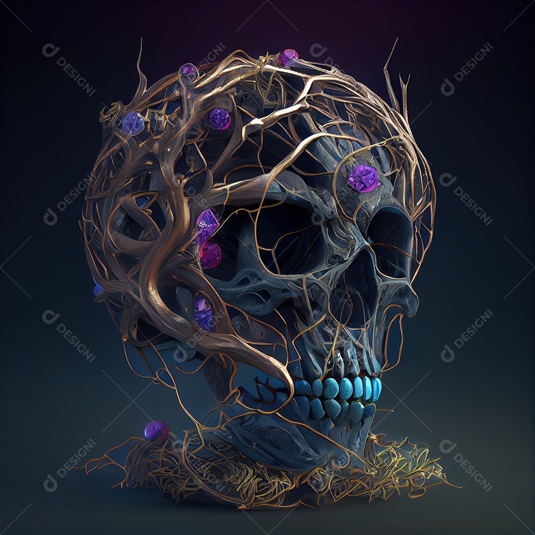 Crânio de pedras preciosas cercado por um coração de raízes entrelaçadas