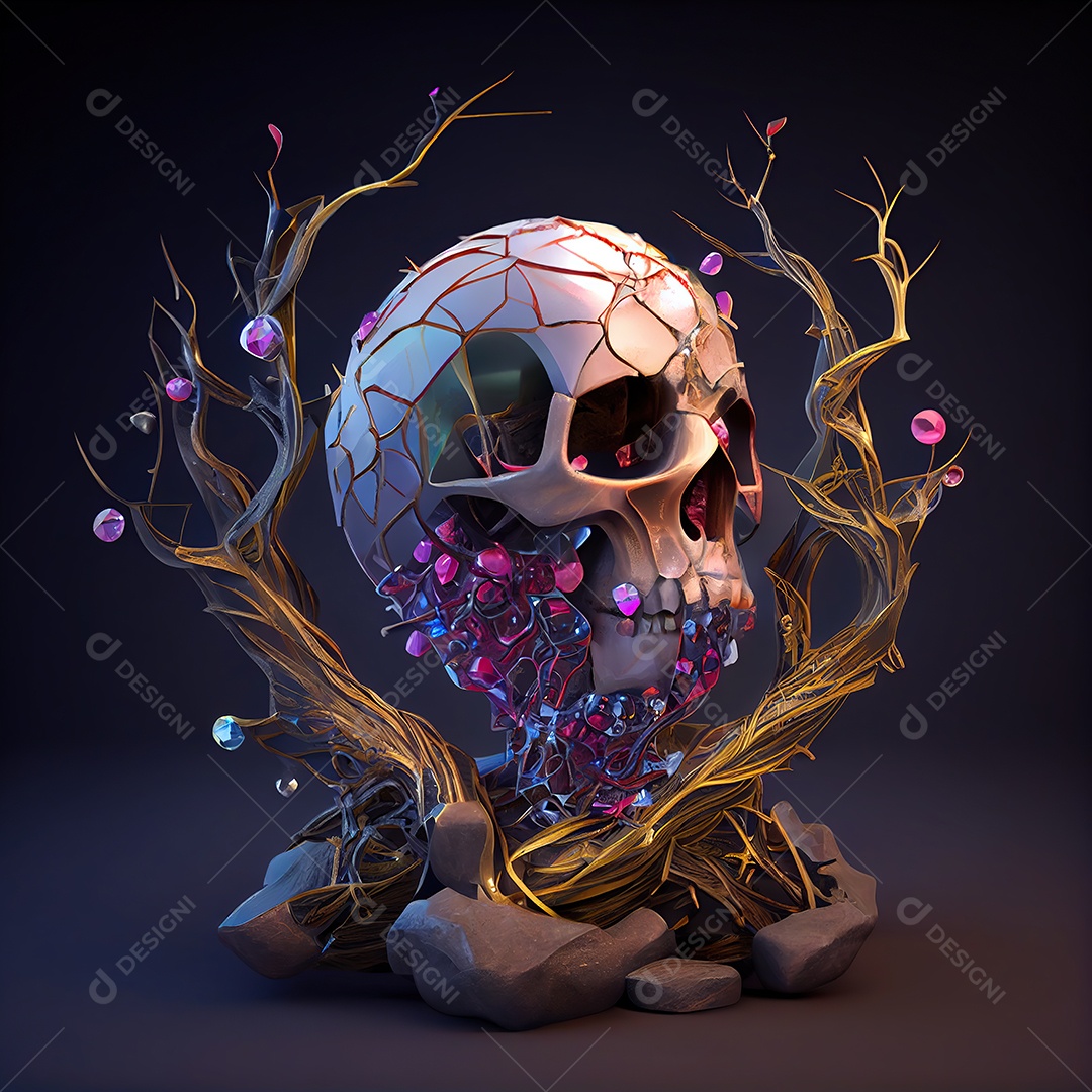 Crânio de pedras preciosas cercado por um coração de raízes entrelaçadas