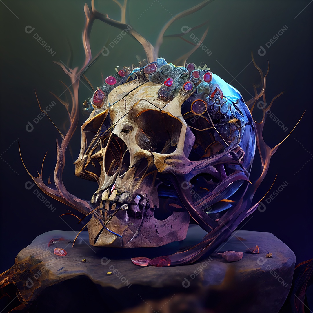 Crânio de pedras preciosas cercado por um coração de raízes entrelaçadas