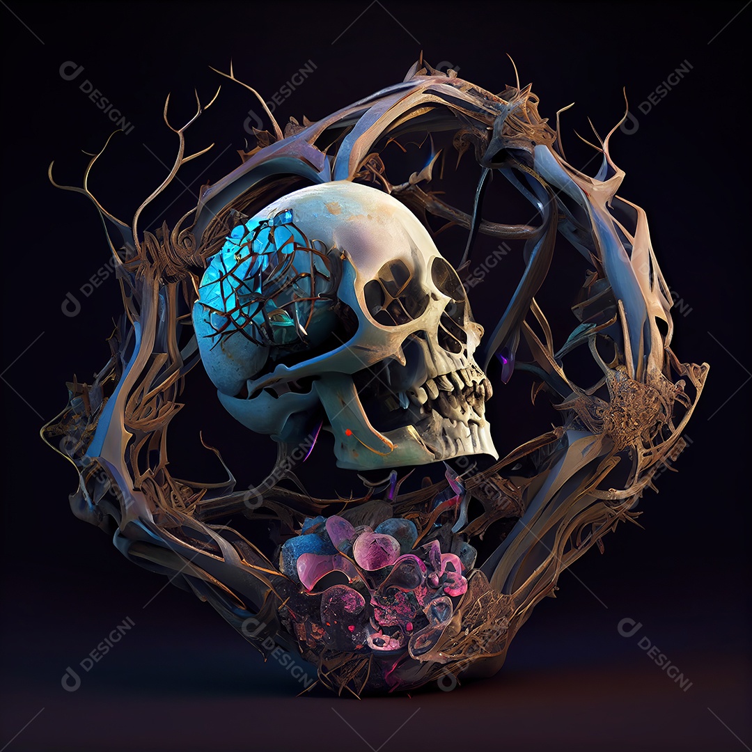 Crânio de pedras preciosas cercado por um coração de raízes entrelaçadas