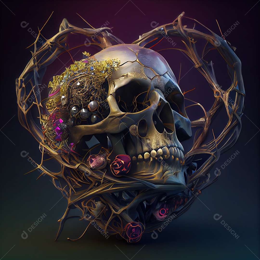 Crânio de pedras preciosas cercado por um coração de raízes entrelaçadas