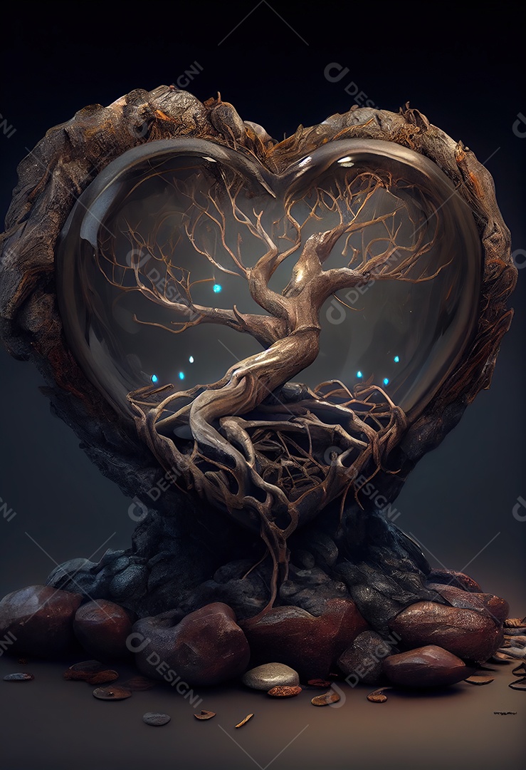 Pedras preciosas cercadas por um coração de raízes e espinhos entrelaçados