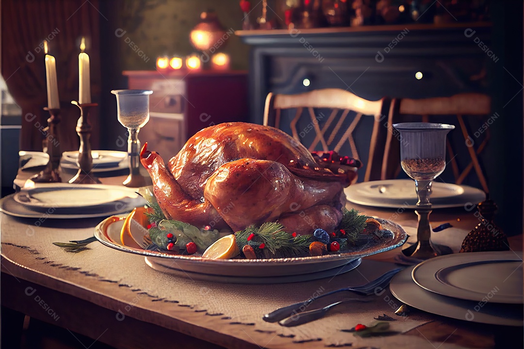 Um delicioso peru assado em um prato sobre uma mesa decorativa.