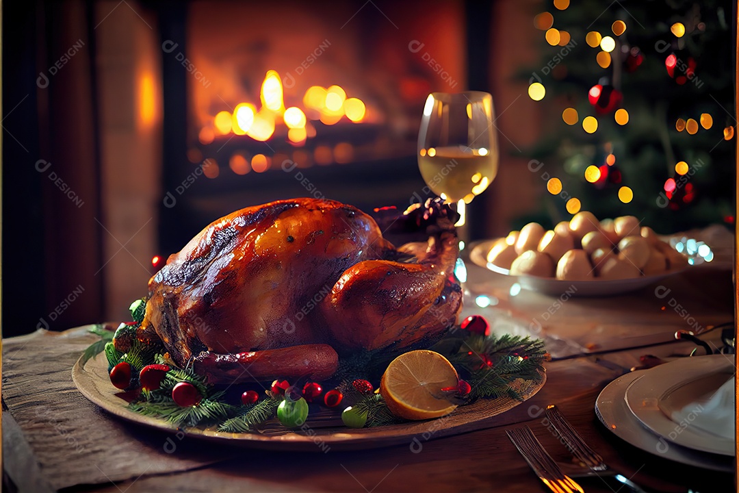 Um delicioso peru assado em um prato sobre uma mesa decorativa.