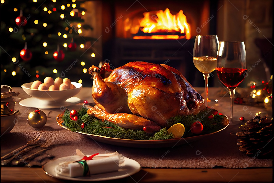 Um delicioso peru assado em um prato sobre uma mesa decorativa.
