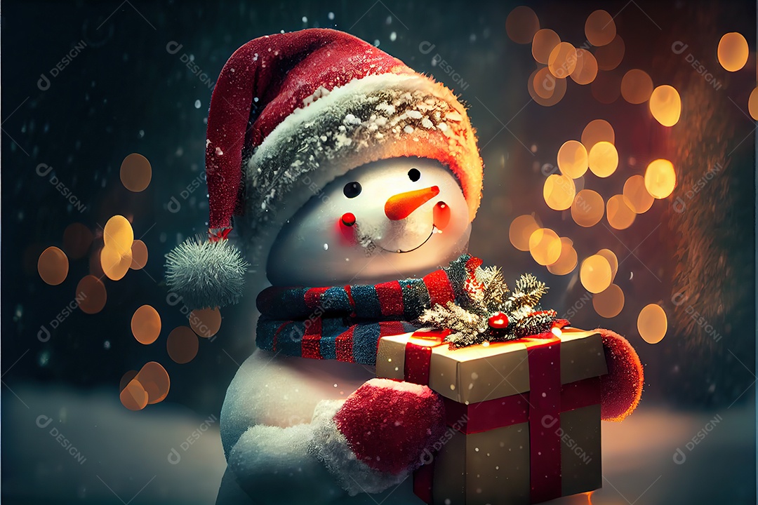 Boneco de neve com um chapéu e um lenço vermelho, segurando uma linda caixa de presente