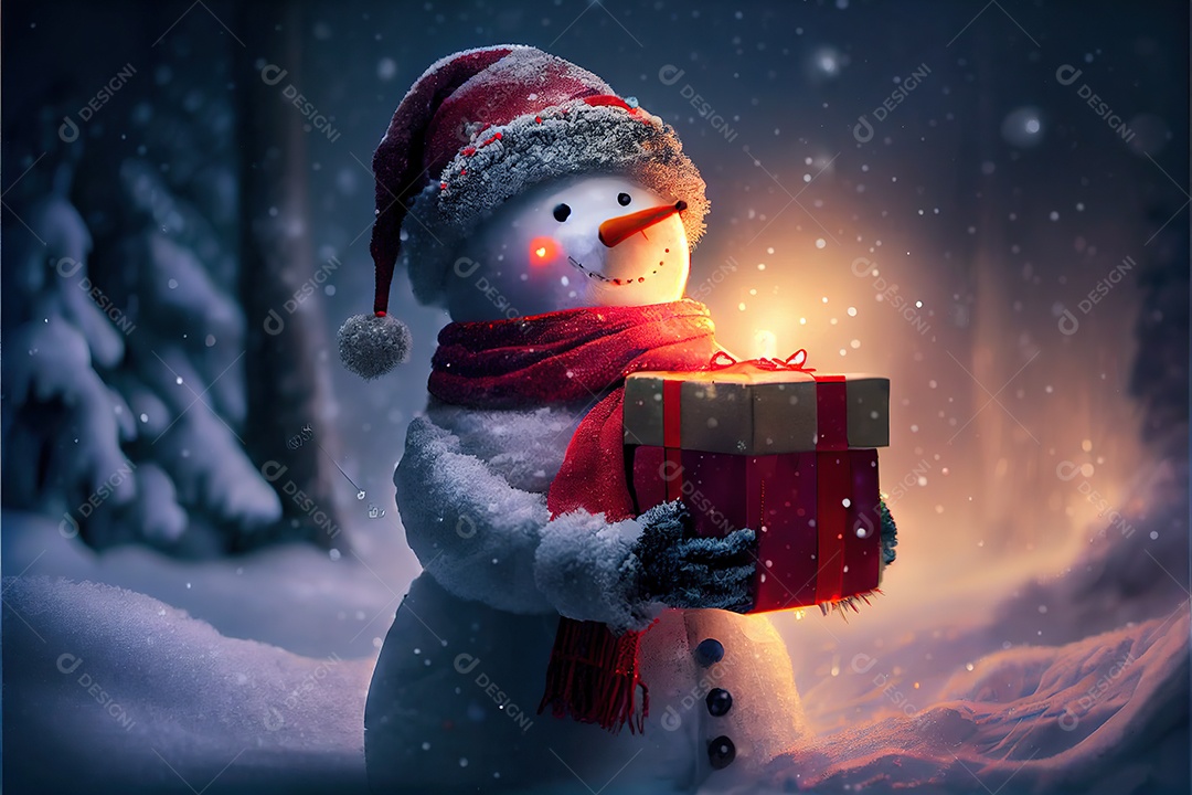 Boneco de neve com um chapéu e um lenço vermelho, segurando uma linda caixa de presente